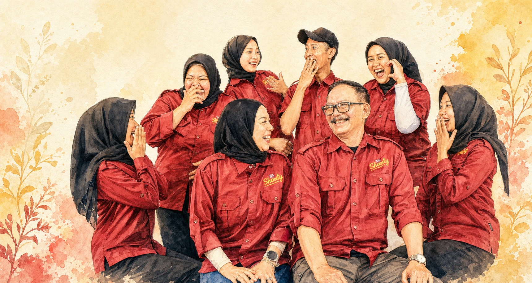 Ilustrasi watercolor tim TehShanty Official mengenakan seragam merah