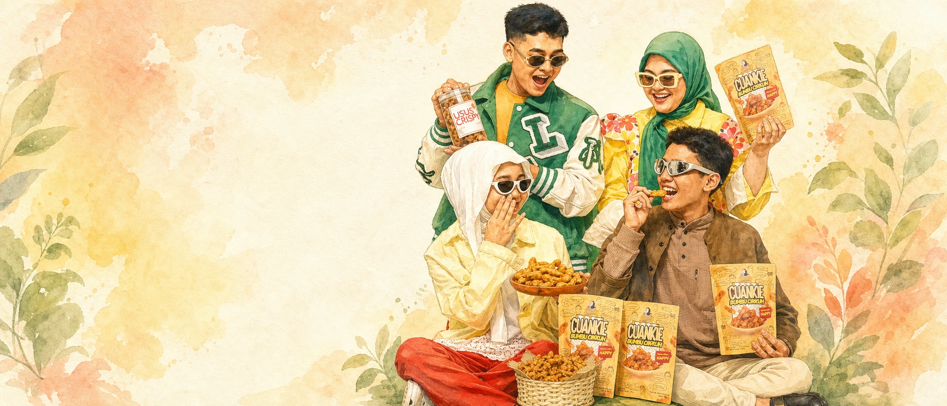 Ilustrasi watercolor keluarga muda menikmati produk TehShanty