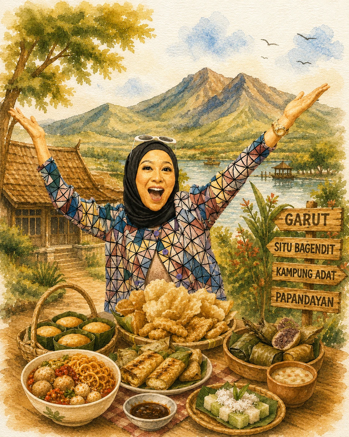 Ilustrasi watercolor wisata, pegunungan, dan kuliner khas Garut