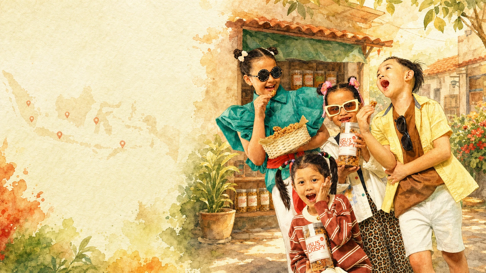 Ilustrasi watercolor anak-anak menikmati Usus Crispy TehShanty